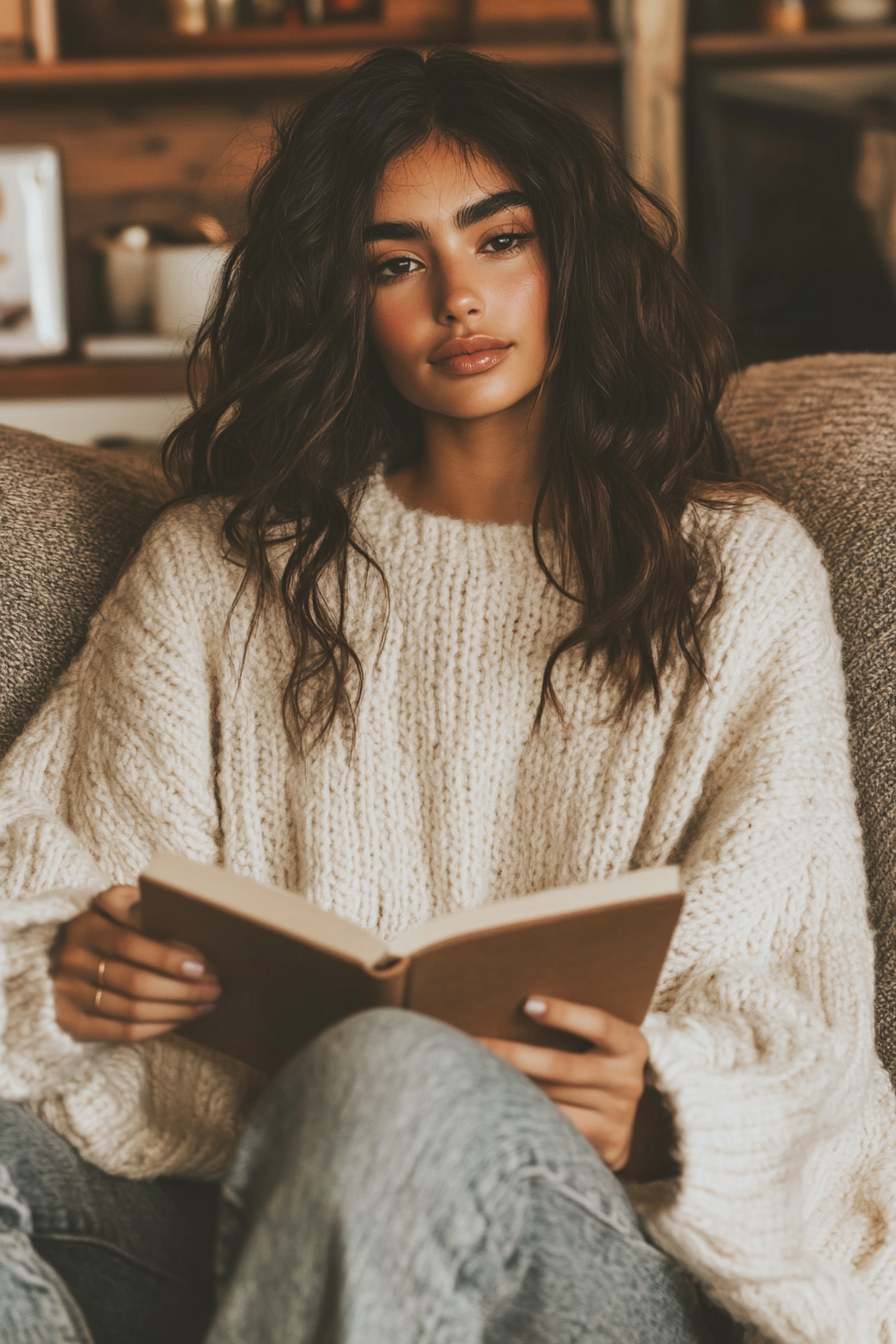 Woman casually sitting on a couch reading a book