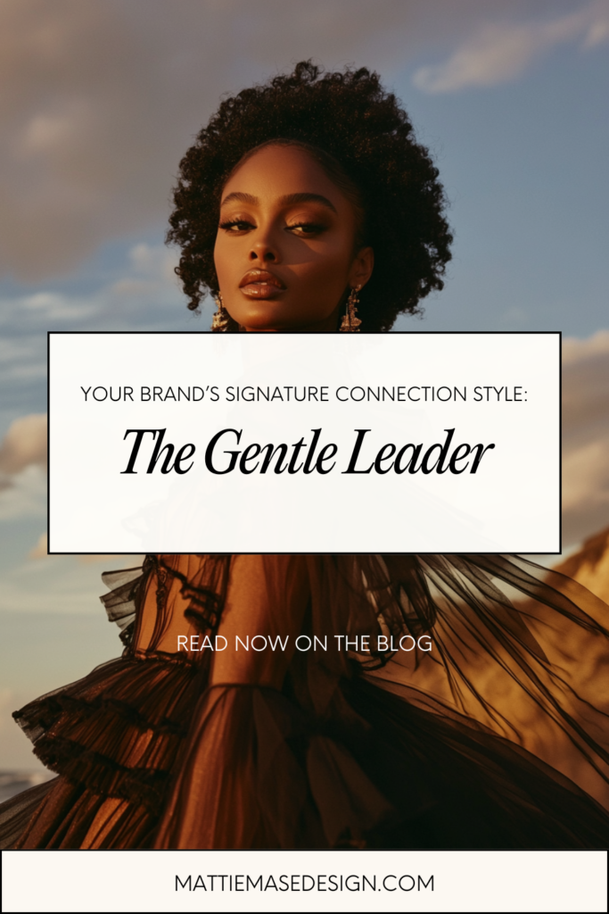 A woman stands outdoors at sunset, wearing a flowing black dress with sheer fabric and ruffled details. The golden sky and soft clouds in the background create a warm, serene atmosphere, perfectly reflecting the calm yet empowering essence of the Gentle Leader connection style.