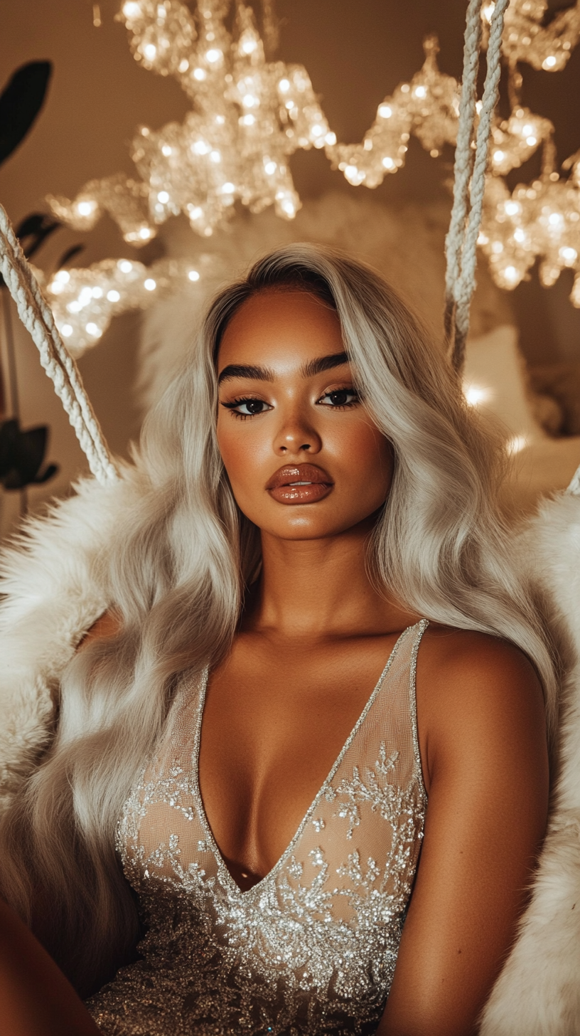 A stylish individual with long, wavy, silver hair sits elegantly in a white, furry chair. Their sheer, sparkly dress features intricate beadwork that glimmers under soft, ambient lighting. The cozy, artistic setting includes decorative lights and lush greenery, creating a warm, inviting atmosphere.