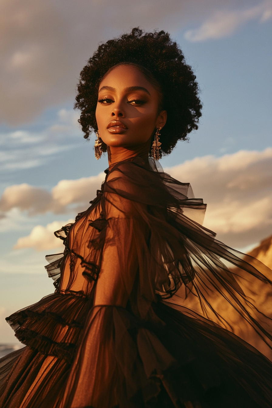 A person wearing a sheer, flowing black dress with ruffled layers, standing confidently against a scenic backdrop of mountains and a warm, golden sky. Their curly hair and dangling earrings add a touch of elegance, perfectly embodying the calm yet empowering essence of the Gentle Leader connection style.