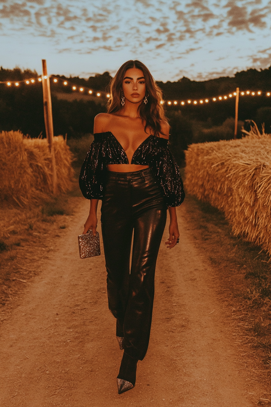 A person walks along a rustic dirt path lined with hay bales and twinkling string lights, wearing a black off-the-shoulder top and black pants. The warm, golden sky suggests it's sunrise or sunset, creating a cozy and artistic atmosphere.