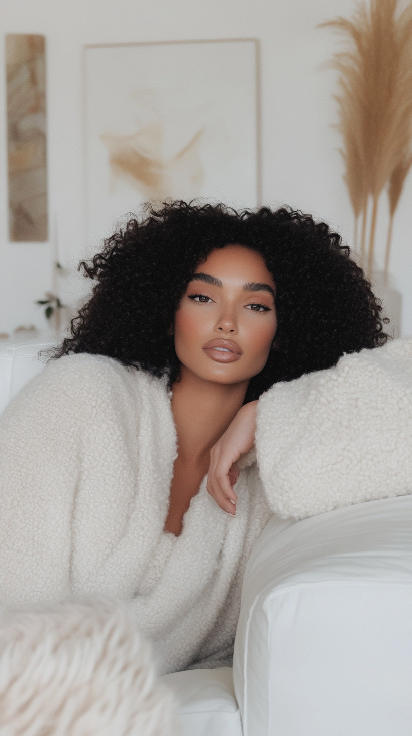 A person with curly hair wearing a cozy, white, fluffy sweater leans on a white couch, resting one arm on the cushion while gently touching their face. The setting is a stylish living space with abstract paintings and a tall vase filled with dried pampas grass, embodying the soft, serene aesthetic of The Minimalist Muse connection style.