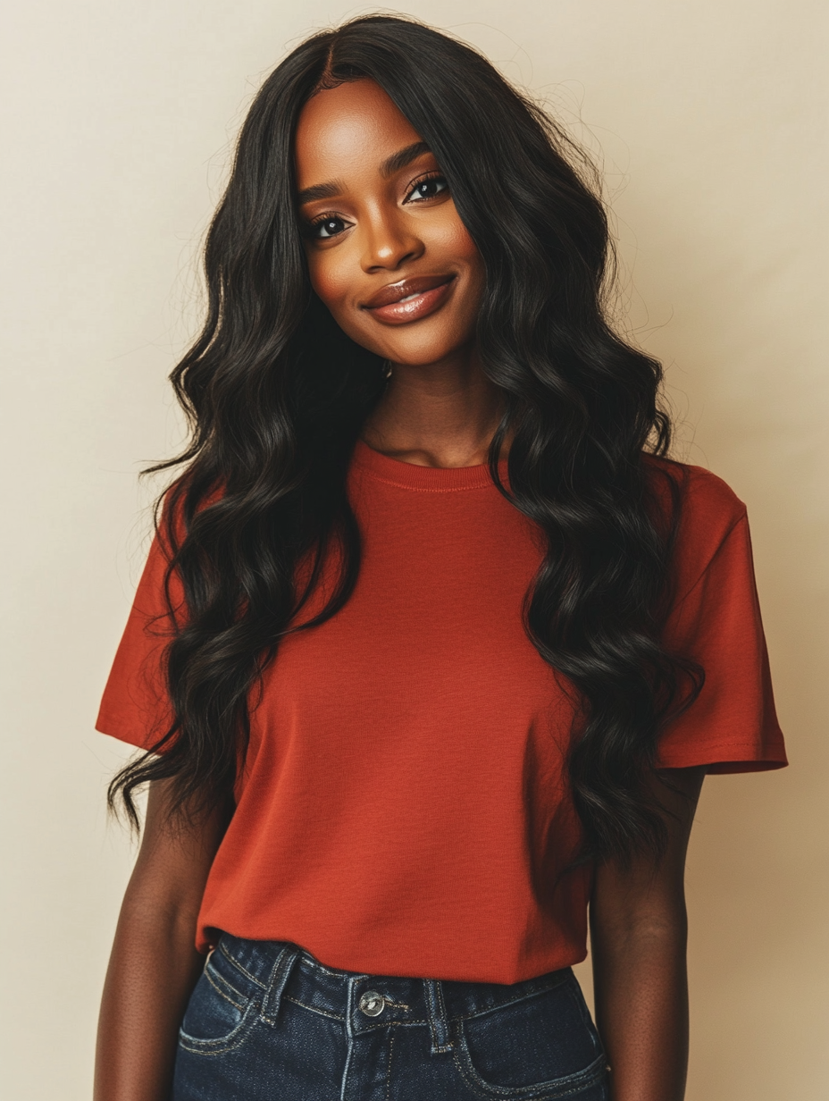 A person wearing a red shirt and blue jeans with long, wavy hair.