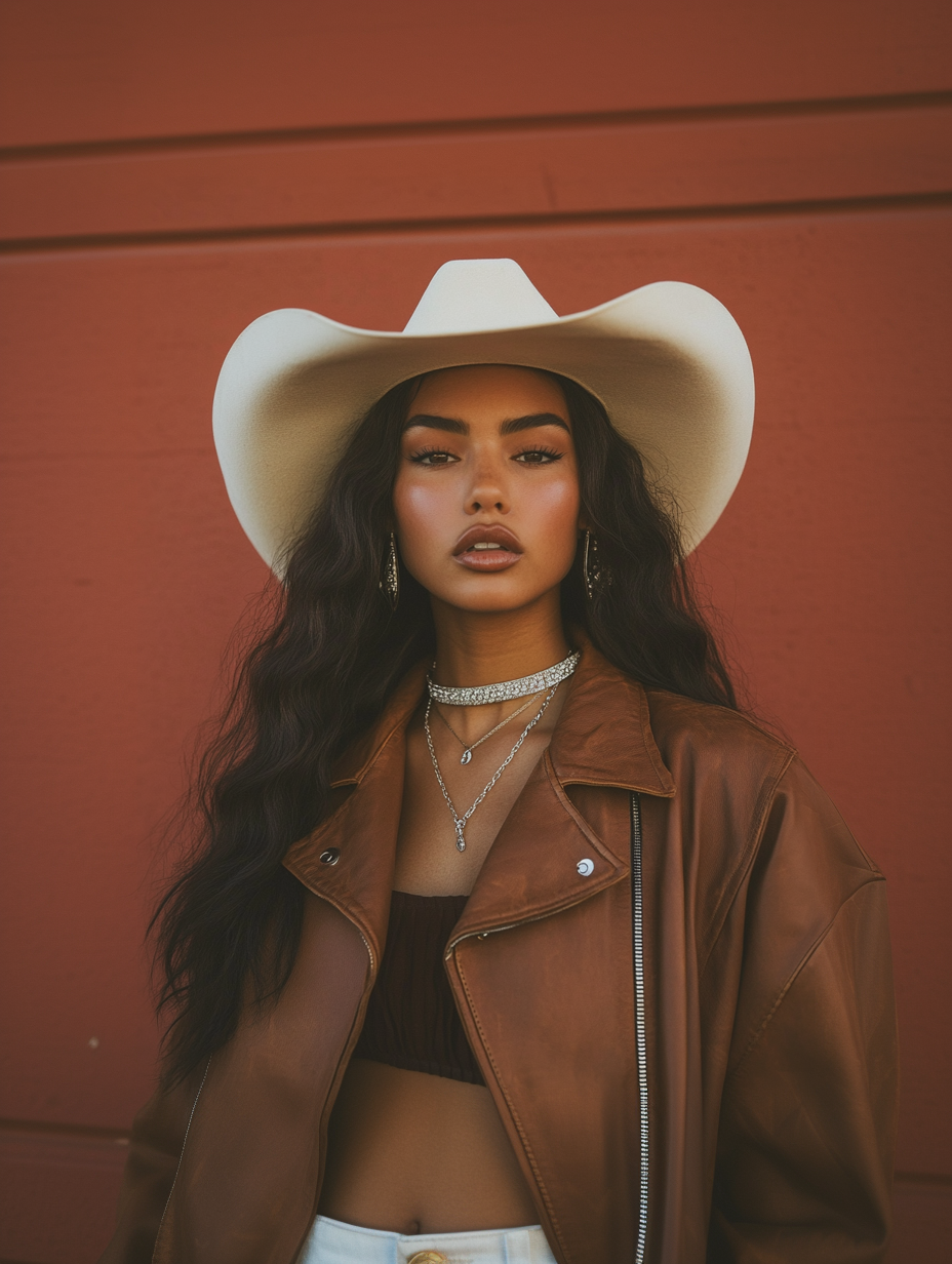 A confident individual showcases a striking western-glam look, pairing a crisp white cowboy hat with a brown leather jacket over a dark crop top and white pants. Layered necklaces add a sophisticated sparkle, enhancing the outfit’s bold yet elegant aesthetic. Set against a deep reddish-brown background, the image exudes effortless style with a modern edge, embodying the spirit of intentional fashion and creative storytelling.