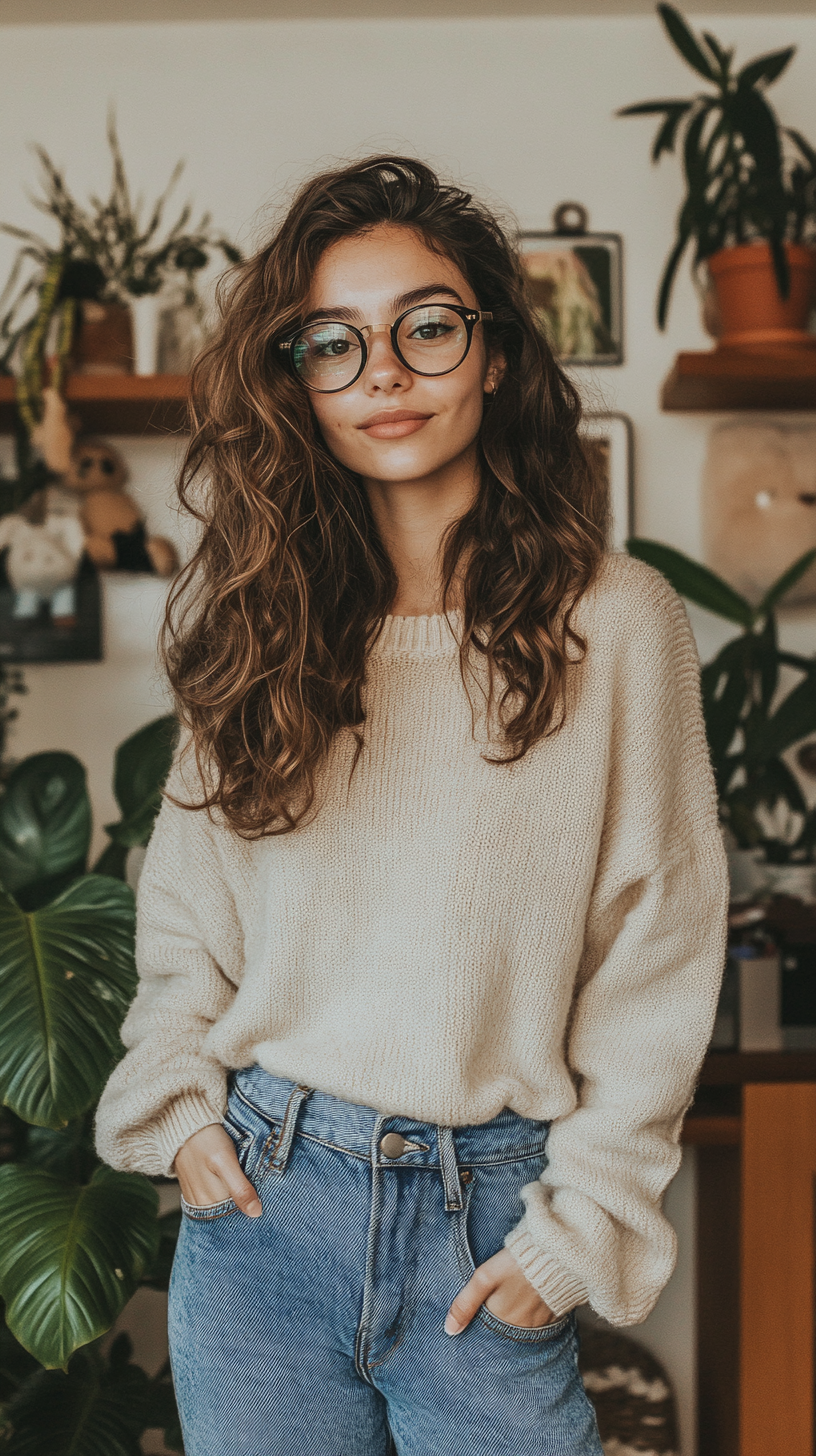 A person wearing a cream-colored knitted sweater and high-waisted blue jeans sits in a cozy, well-decorated room. Their long, wavy hair complements the inviting atmosphere, which features potted plants, shelves with decorative items, and framed pictures on the wall. The warm tones and relaxed posture embody the comfort and approachable essence of The Cozy Connector connection style.