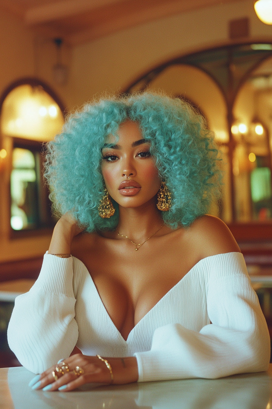 A person with curly turquoise hair wearing a white off-the-shoulder top.