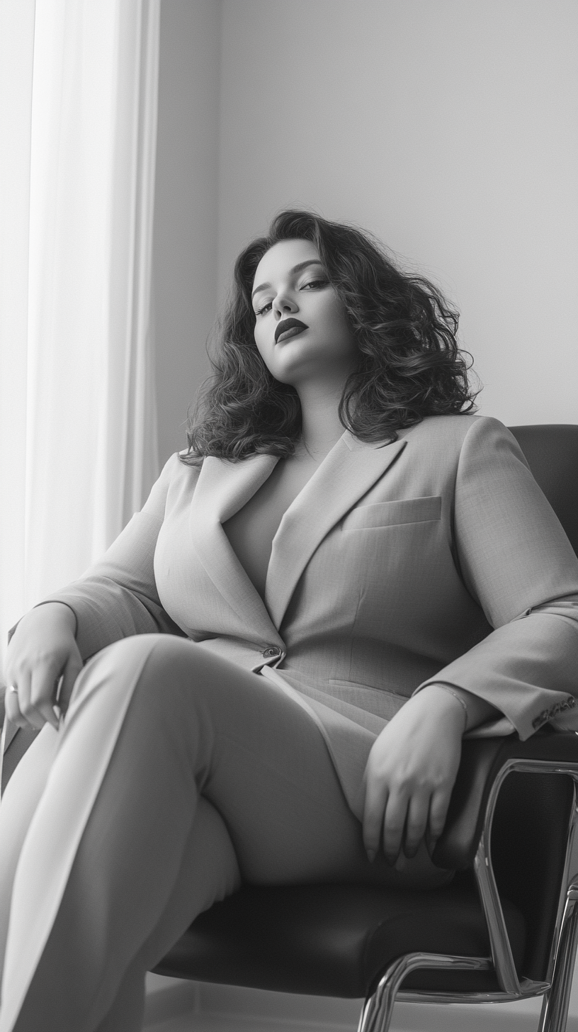 A person sits in a sleek chair wearing a light-colored suit, exuding a refined and effortless presence. Their curly hair adds a natural touch to the sophisticated look, embodying the simplicity and elegance of The Minimalist Muse connection style. The monochrome tones enhance the timeless and intentional aesthetic.
